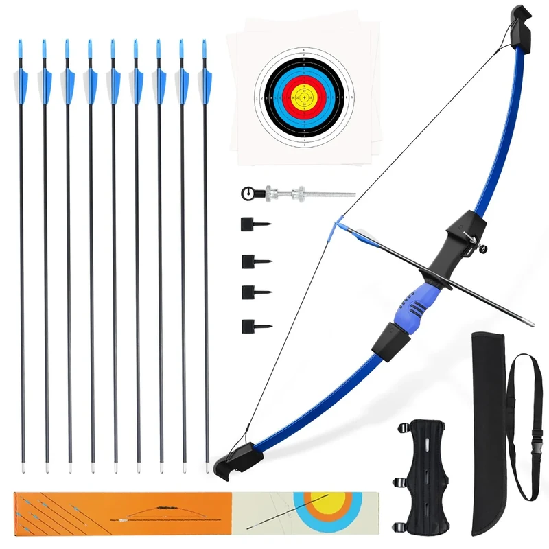 Procener 40" Bow and 28" Arrow Set for Kids, Archery Beginner Gift with 9 Arrows 2 Target Face, 1 Arm Guard and 1 Quiver, 18 Lb Recurve Bow Kit for Teen Outdoor Sports Game Hunting Toy (Blue)