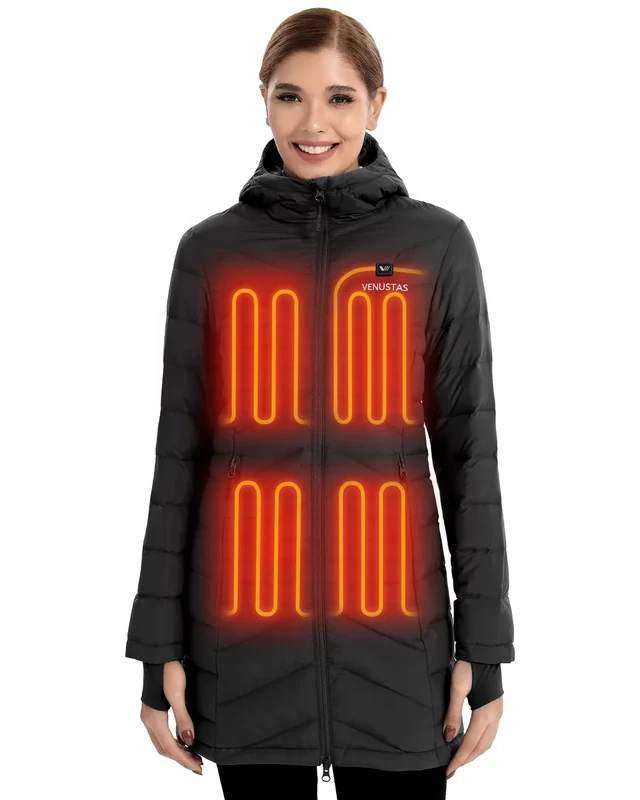 Venustas Women's Long Heated Down Jacket with Battery, 90% Duck Down Quilted Heated Puffer Jacket for Outdoor Camping Skiing