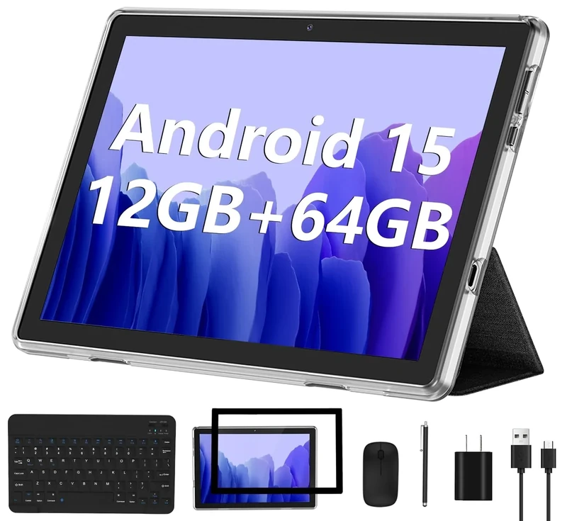 ECOPAD Android 15 Tablet, 10 Inch Tablets with Keyboard Mouse 12GB RAM + 64GB ROM +1TB Expand, 2 in 1 Tableta with WiFi 6 / Bluetooth/GMS Certified/IPS Touch Screen, Silvery Set