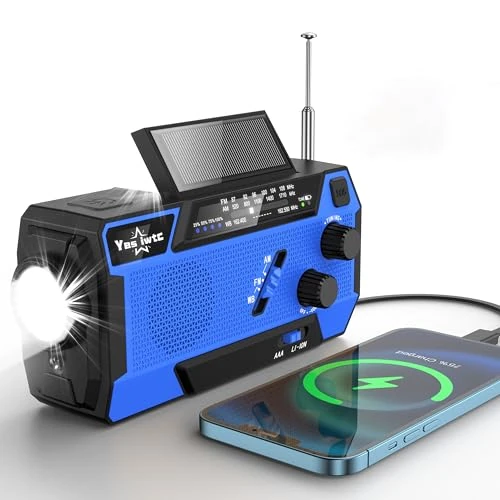 yesiwtc 2000mAh NOAA Crank Radio - Solar, Hand Crank, 3 Cables