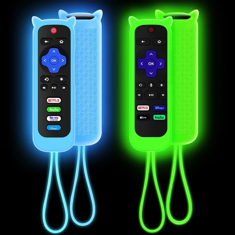 2 Pack Cover for Roku Remote, Case for Hisense/TCL Roku TV Steaming Stick/Express, Silicone Protective Controller Universal Replacement Sleeve Skin Glow in The Dark Green Blue