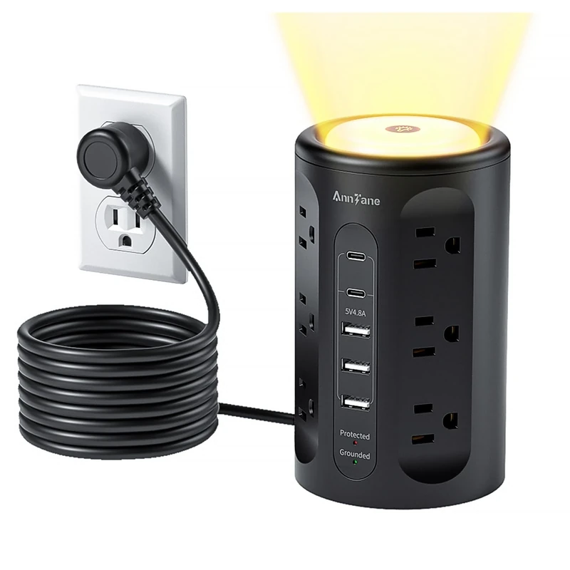 AnnTane Power Strip Tower with Night Light, Power Strip Surge Protector with USB Ports, Extension Cord 10 FT with Multiple Outlets (12AC+3A+2C) for Home Office Desk DormRoom (Black)