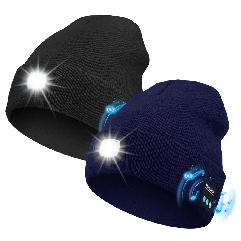 MOXTOYU Unisex Bluetooth Beanie with Light 2 Pack, USB Rechargeable LED Headlamp Hat, New Year Warm Knitted Cap for Parent Men Women Dad Mom Black&Blue