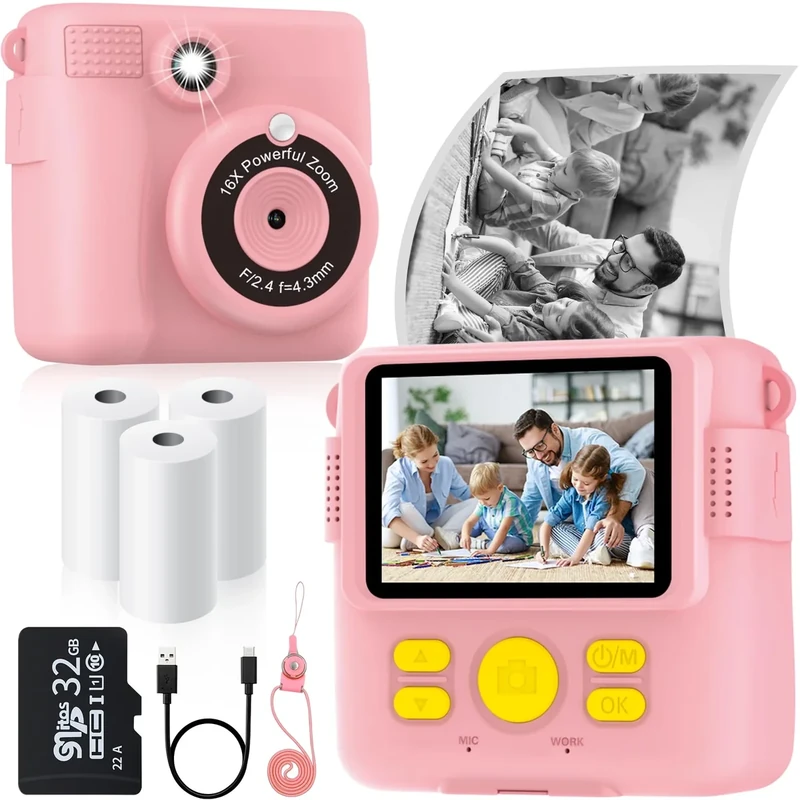 BESTOONE Instant Print Camera for Kids - 1080P, 32GB SD, Pink