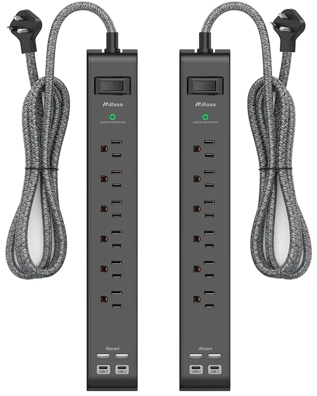 Mifaso 2-Pack Surge Protector - 6 Outlets, 4 USB Ports, 5ft Flat Plug