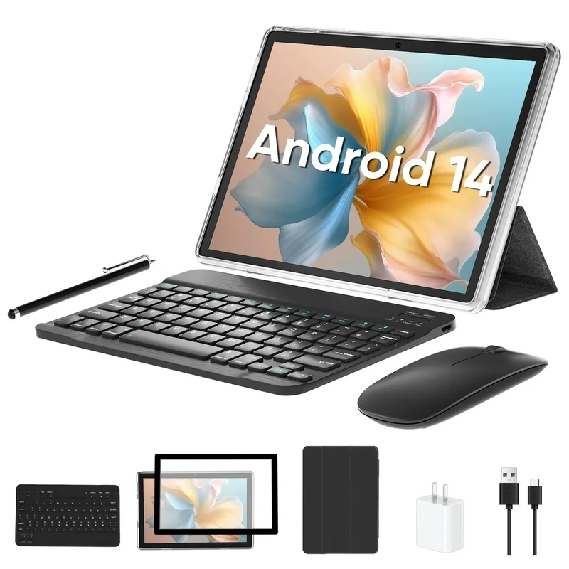 aiprotablet 10 inch Android 13 Tablet, 8GB+64GB 1TB Expand, 2 in 1 Tablets with Keyboard, Case, Mouse, Stylus, 1280x800 IPS Touch Screen, 2.0GHz Quad-Core, WiFi 6, Bluetooth5.0, Dual Camera (Gray)