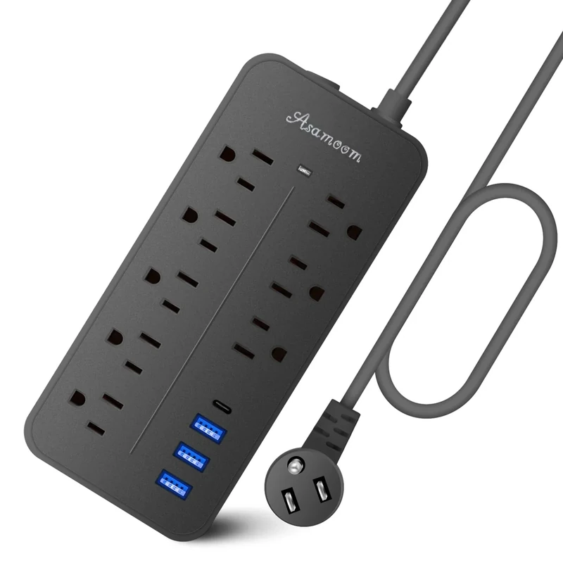 15FT Surge Protector Power Strip Extension Cord with USB C, Asamoom Flat Plug Power Strip with Long Cord, 8 Outlets and 3 USB A & 1 USB-C Port,1700J Wall Mount Desk Multiple Outlets Black ETL Listed