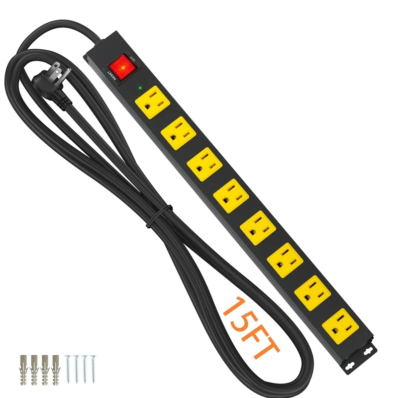 Plug'n 8-Outlet 2100J Surge Protector Strip 15FT Wide Spaced Metal