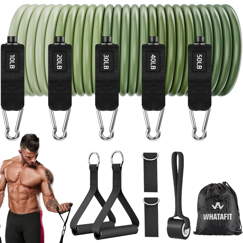 WHATAFIT Resistance Bands, Exercise Bands，Resistance Bands for Working Out, Work Out Bands with Handles for Men and Women Fitness, Strength Training Home Gym Equipment Green