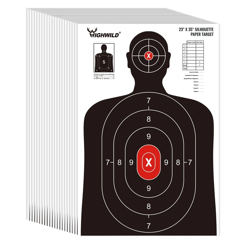 Highwild Shooting Range Silhouette Paper Target - 23X35 Inches - Suitable for Handguns, Rifles, Airguns, BB Guns (20 Pack, White & Black)