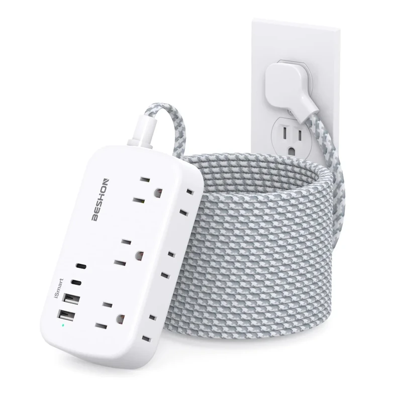 BESHON 25 Ft Flat Plug Power Strip - 6 Outlets + 4 USB Ports(2 USB-C)