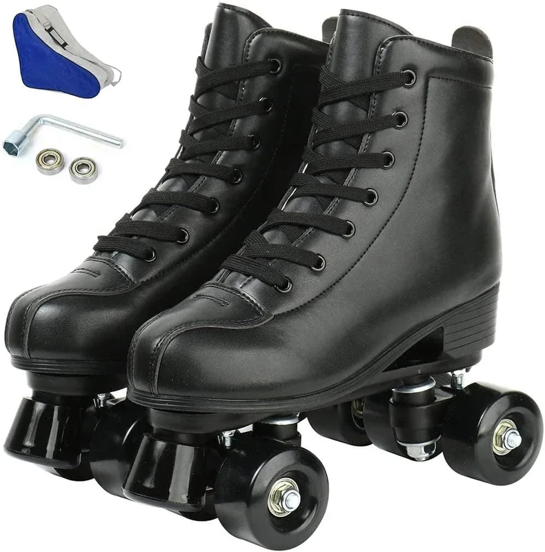 Jessie PU Leather Roller Skates - Premium Four-Wheel Skates for Women, Men, Boys & Girls (Black Wheels, Women's 5/Youth 4)