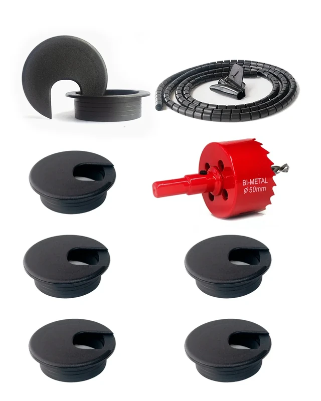 Bicafa 6 Pack Desk Grommet 50mm (1.97 inch) Bi-Metal Hole Saw Kit with Cord Wrap Coiled Tube Management,2 m Cable Sleeve Organizer with Table Hole Cover