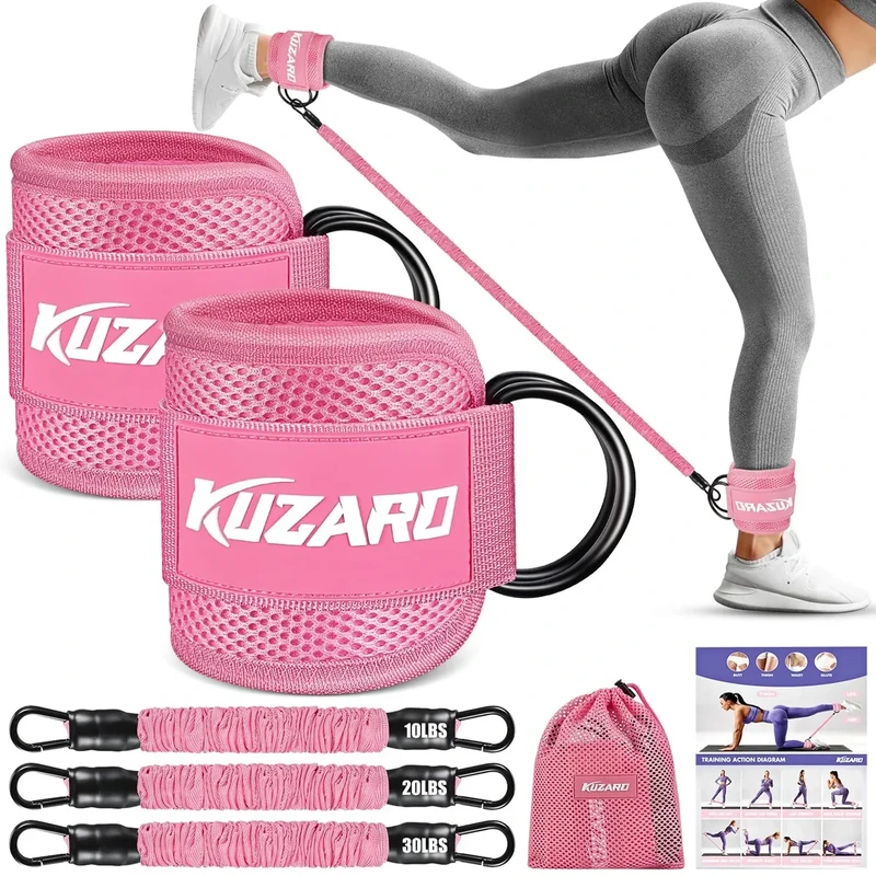 KUZARO Ankle Resistance Bands with Cuffs, Ankle Weights Bands for Working Out, Women Leg and Glutes Workout Equipment, Exercise Bands for Kickbacks, Butt and Booty Trainer, Home Gym Fitness Equipment