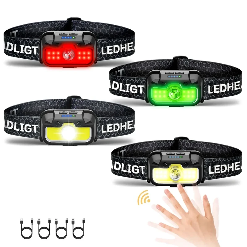 HOKOILN 4-Pack LED Headlamp Rechargeable with Green & Red Light -1300 Lumen Ultra-Bright Flashlight Headlight for Camping, Running, Hiking, Fishing - Waterproof with 7 Modes