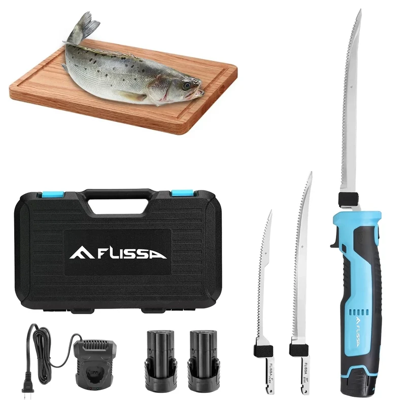 FLISSA Cordless Electric Fillet Knife for Fish with 8" and 10" Stainless Steel Blades, 12V Rechargeable Electric Knife with Non-Slip Handle, 2 Packs Long Lasting Lithium-ion Battery, Portable Carry Case