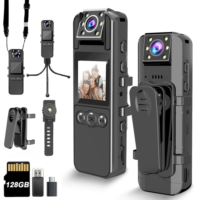 Body Camera with Audio and Video Recording, HD 1080P Body Cam with 180° Rotating Lens, 6HR Battery, IR Cut Auto Night Vision, 128GB Body Worn Camcorder, for Personal Civilians, Police Law Enforcement