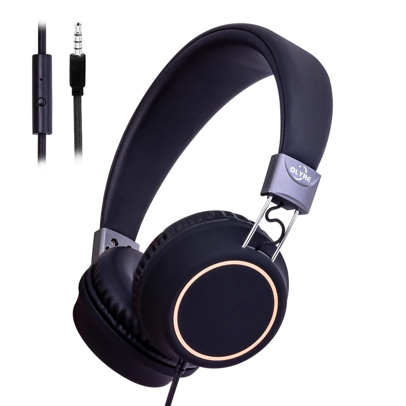 Olyre Kids Foldable Headphones, Toddler Headphones with Cord for School Plane Travel, Lightweight Stereo Wired Children Earphones with HD Mic for Boys Girls for Computer Cellphone Tablet - Black