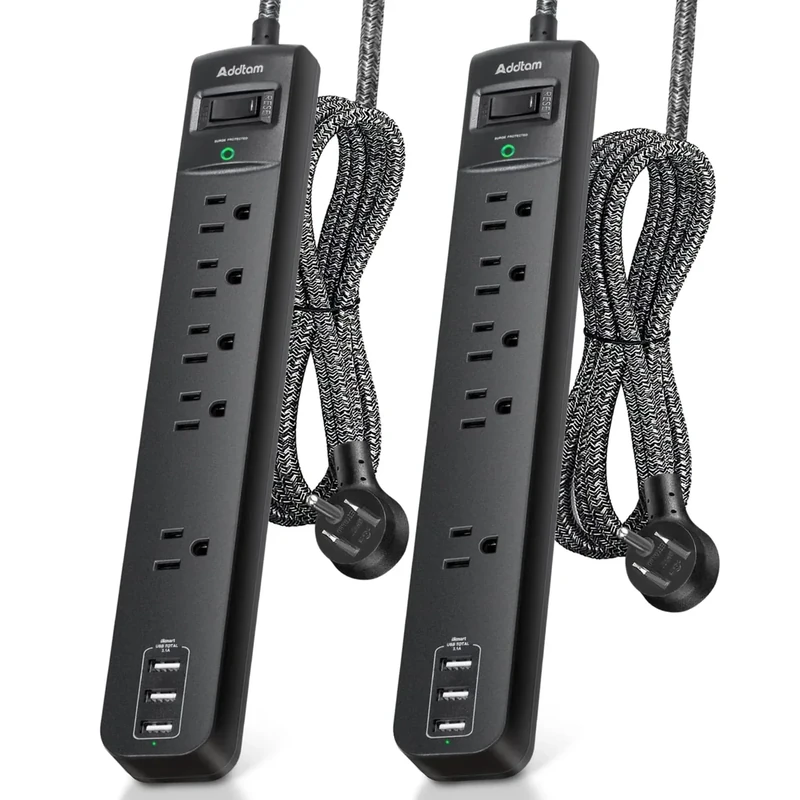 Addtam 15FT Surge Protector Power Strip - 5 Outlets, 3 USB, 2 Pack