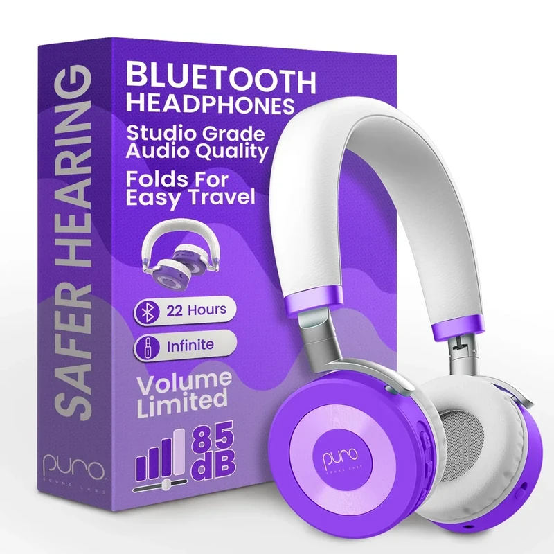 Puro Sound Labs JuniorJam Plus Volume-Limiting Wireless Bluetooth Headphones for Kids, Secure Audio with Adjustable On-Ear Design, 22-Hour Battery Life, Ideal for Tablets, Smartphones & PCs - Purple