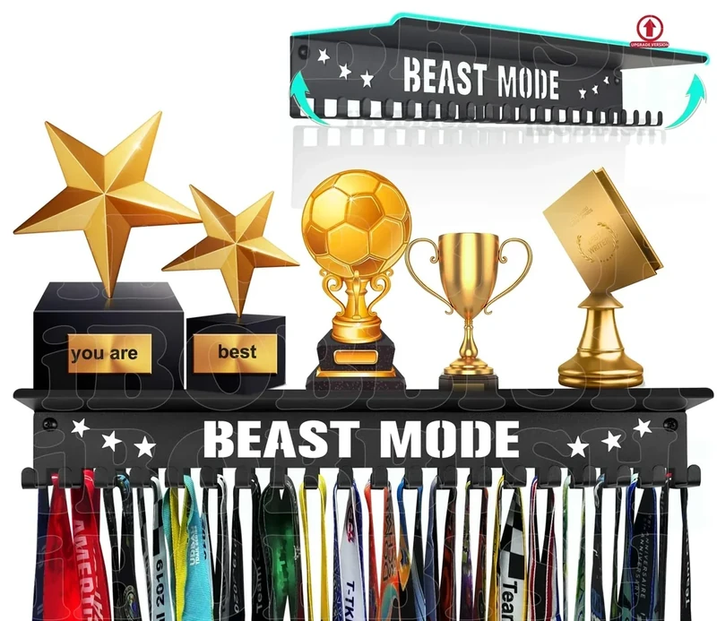 iBobbish Non-Slip Medal Hanger Display Trophy Shelf,Beast Mode Medal Hanger Display for Wall with 16inchL,Race Medal Display Upgraded Medal Holder Display for Wrest,Race,Soccer,Swim