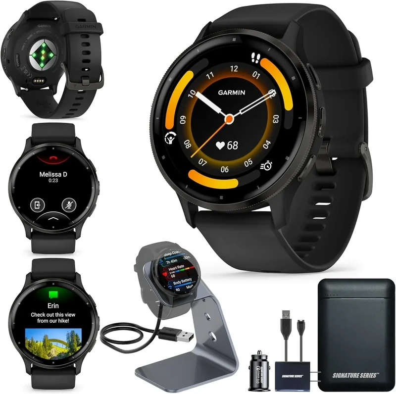 Garmin Venu 3 Running GPS Smartwatch with AMOLED Display, Advanced Health, Fitness Features, Up to 14 Day Battery Life with Signature Power Bundle | Slate with Black Silicone Band