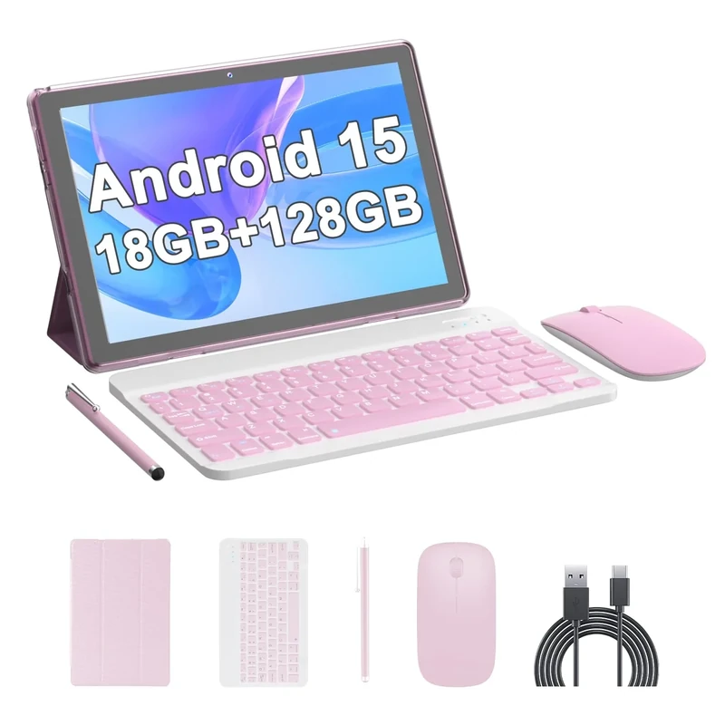 COOPERS Tablet Android 15, 10 inch Tablet 18GB RAM+128GB ROM 2TB Expandable, 2.0Ghz Quad-core Processor, 5G WiFi6 BT 5.0, Dual Cameras, 2 in 1 Tablets with Keyboard Case Mouse Stylus, Widevine L1 Pink