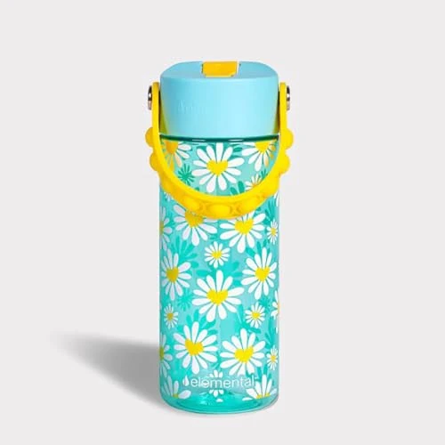 Elemental Water Bottles for Kids - Splash Kids Water Bottle for School with Pop-it Handle - BPA Free Tritan Plastic Water Bottle with Straw Leak Proof when Spout is Closed - Daisy Heart (SB) - 18oz
