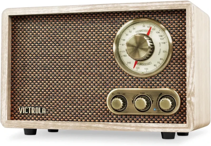 Victrola Willow – Retro Wood Bluetooth Radio with Built-in Speakers: Elegant & Vintage Design, Rotary AM/FM Tuning Dial, Bass & Treble Control, Wireless Streaming (Natural)