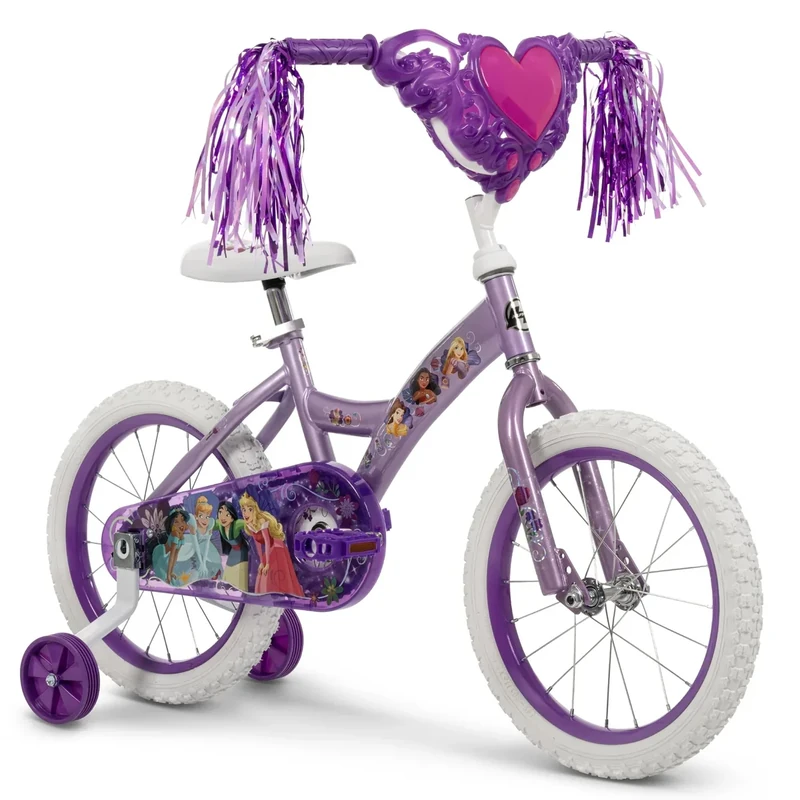 Huffy Disney Princess 16" Girls' Bike, Ideal for Ages 4-6 Years Old, Removable Training Wheels, Purple Design, Sturdy and Durable, Heart Shaped Basket, Shimmering Streamers, Adjustable Comfort