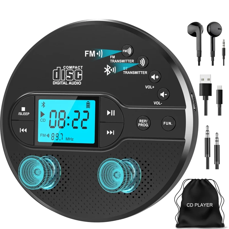 Sunoony Portable CD Player-Bluetooth 5.1, FM Transmitter, Rechargeable