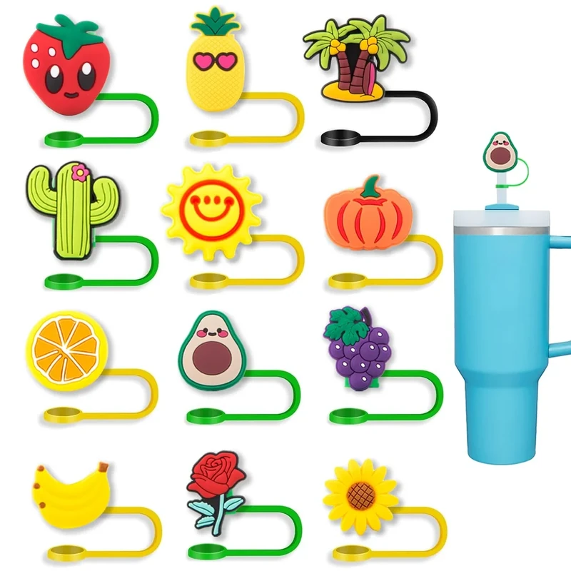 Coneatness Fruit Straw Covers Cap 12 Pcs for Stanley Cup 30&40 Oz, Tumbler, Water Bottle Silicone Straw Topper Fits 10mm Reusable Straws, Cute Straw Tips Cover