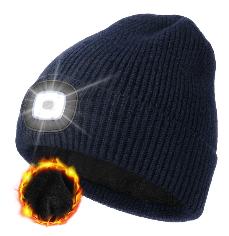 MELASA Fleece Lined LED Beanie with The Light for Men Women, Warm Stocking Hat with Light Built in, USB Rechargeable Hand Free Headlamp Beanie, Gifts for Dad Husband(Dark Blue)