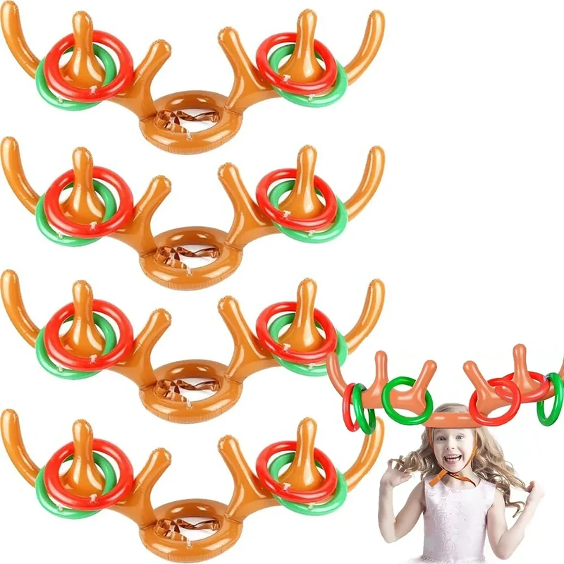LUOBO 4 Pcs Inflatable Reindeer Antler Ring Toss Game,Antlers Ring Hook Game, Christmas Party Antler Hat Games for Family Indoor Outdoor Games (4 Antlers 16 Rings1 Air Pump)