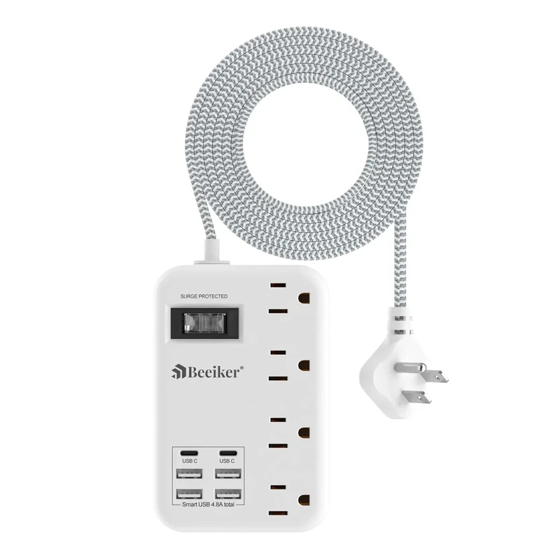 Beeiker 6 USB 2 USB-C 5ft Surge Protector - 4.8A Charge, 4 Outlets