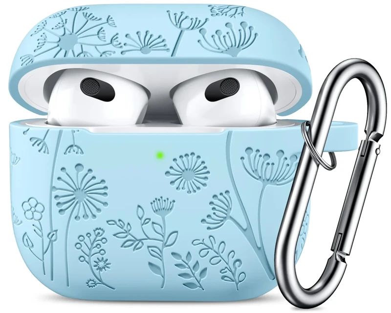 Lerobo Flower Engraved Case for AirPods 3rd Generation Case Cover with Keychain Accessories, Silicone Skin Cover Compatible with Apple AirPod 3rd GenerationFull Protection,Front LED Visible,Sky Blue