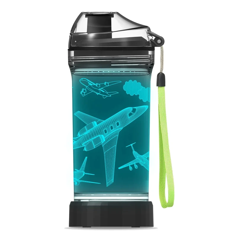 OkiyiD Kids Water Bottle, Airplane-themed Light-Up Sport Cup with 3D Glowing LED Airplane Light – 14 OZ Tritan BPA-Free - Gifts for School, Camping, and Holidays (Airplane)