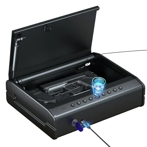 PINEWORLD Gun Safe,Biometric Gun Safe for Handgun, Pistol Safe with Fingerprint Backlit Keypad, Quick Access Handgun Safe for Firearm, Gun Lock Box with Interior Light for Nightstand Car Heavy Size