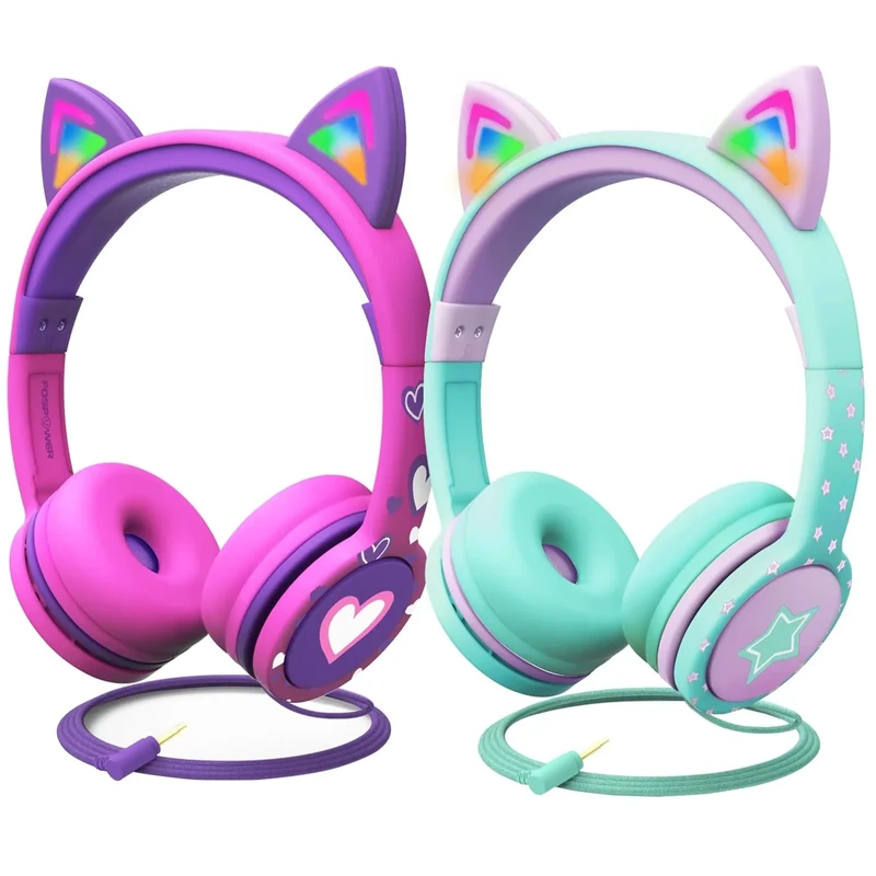 FosPower Kids Headphones 2-Pack with LED Cat Ears - 85dB Safe Volume