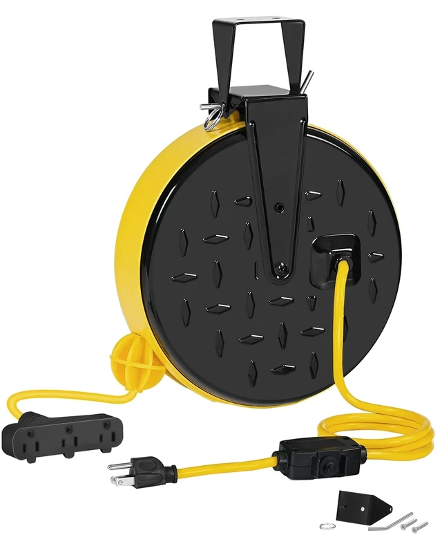 WILAWELS 30ft Cord Reel - 16/3 Gauge, 3 Outlets, 10A Breaker, Yellow