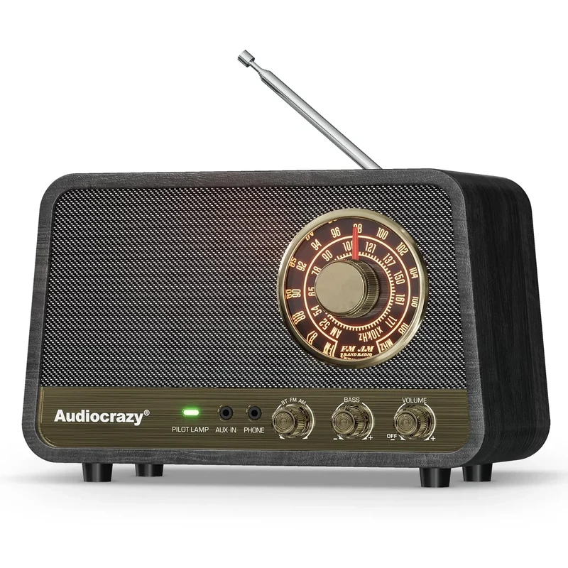 Audiocrazy Retro Tabletop Radio with Bluetooth, FM/AM, Bass Control