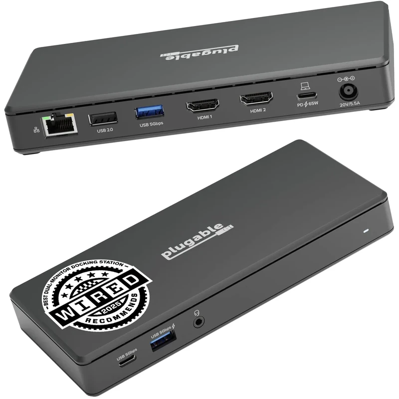 Plugable USB-C Docking Station Dual 4K 60Hz HDMI, 65W Charging, Gigabit Ethernet, 1x USB-C 5Gbps, 3X USB-A, Audio, Windows/ChromeOS, USB-C/USB4/Thunderbolt, Driverless (UD-MSTH2)