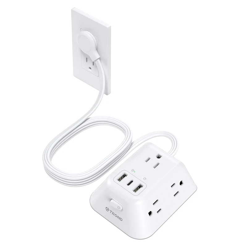 TROND 10ft Flat Cord - Strip with 5 Outlets, 3 USB, 1440J Surge