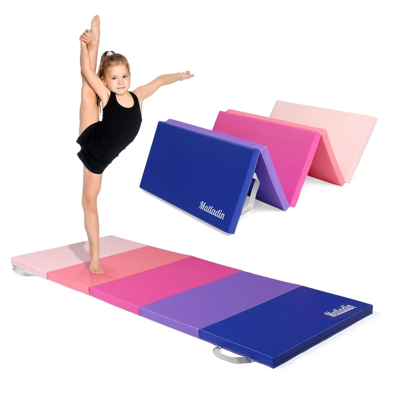 Matladin Folding Gymnastics Gym Exercise Aerobics Mat, 1.5" Thick Folding Exercise Mat, Easy to Clean PU Leather Tumbling Mats for Stretching Yoga Cheerleading Martial Arts, Kid Play(Pink ,Blue