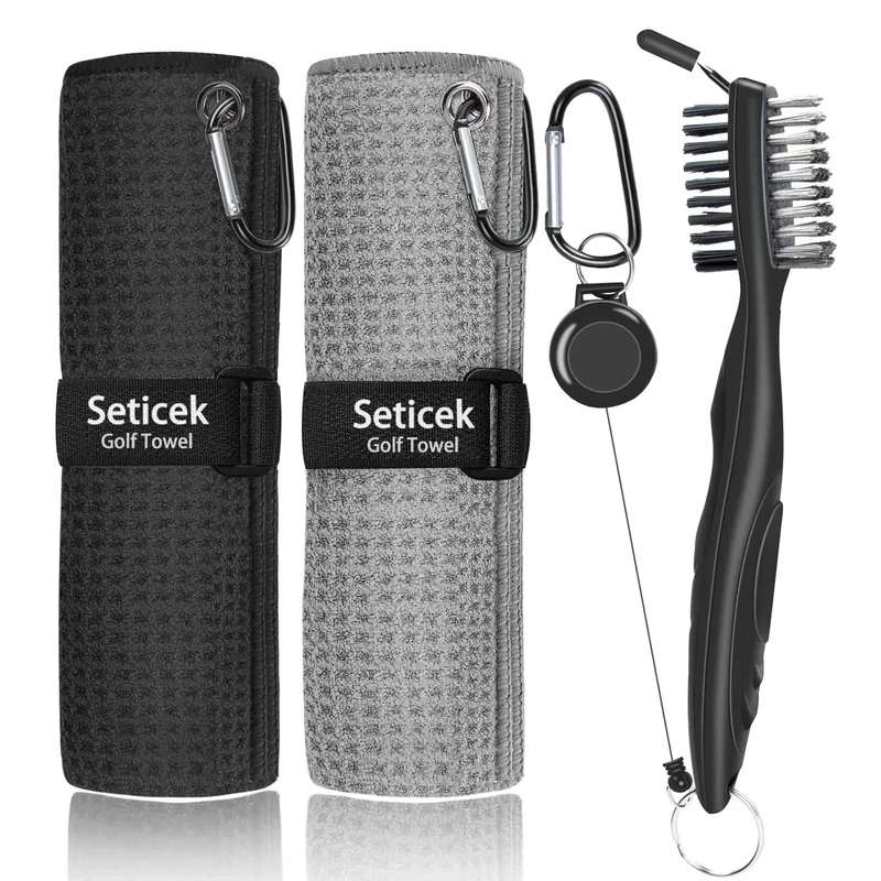 Seticek 2 Pack Golf Towel (16" X 16") with Club Brush, Microfiber Waffle Pattern Golf Towels for Golf Bags for Men,Essential Golf Combo Cleaning Kit (Black+Gray)