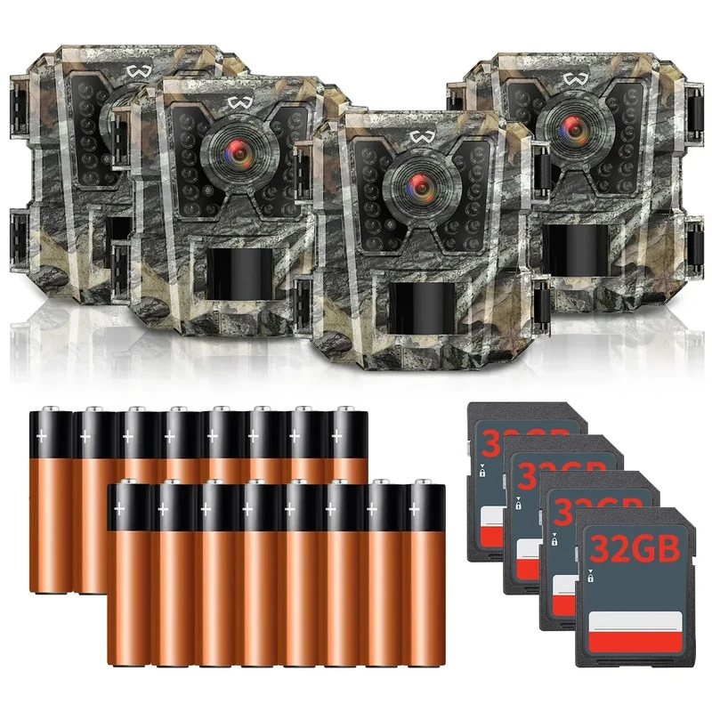 WOSODA Mini Trail Camera 4 Pack 24MP 1080P HD, Game Cam with SD Card, Waterproof Tiny Deer Camera Night Vision Motion Activated with Fast Trigger Time for Outdoor Wildlife Monitoring