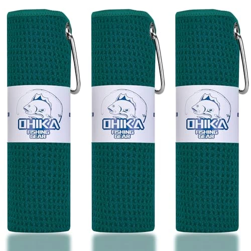 OHIKA Microfiber Fishing Towels with Clip, Waffle Pattern for Effective Cleaning of Fishing Gears or Dirty Hands, 16” x 16”, Camping Towels, Hiking Towels, Pack of 3 (Green)