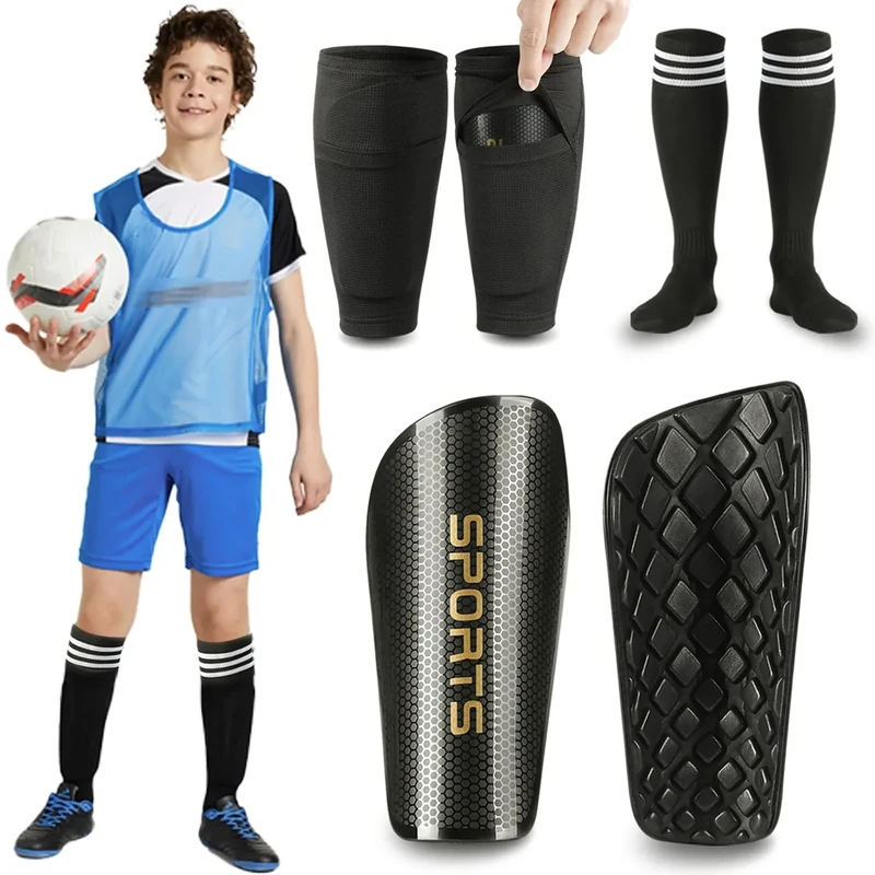 Soccer Shin Guards for Kids Youth - Shin Pads Set with Shin Sleeves and Long Soccer Socks for Age 3-16 Boys and Girls - Lightweight Soccer Equipment (L, Black)
