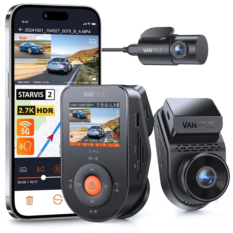 Vantrue S1 Pro Dash Cam - Dual 1440P Front/Rear, 2.7K HDR, 5G WiFi