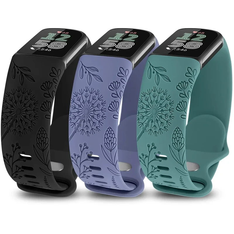 Minyee Floral Engraved Silicone Bands - 3 Pack for Fitbit Charge 6/5
